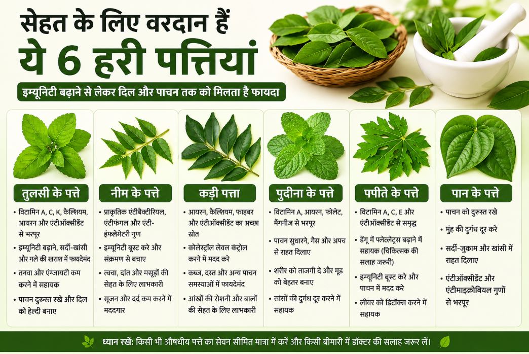 सेहत के लिए किसी वरदान से कम नहीं हैं ये 6 हरी पत्तियां, इम्यूनिटी बढ़ाने से लेकर दिल और पाचन तक को मिलता है फायदा