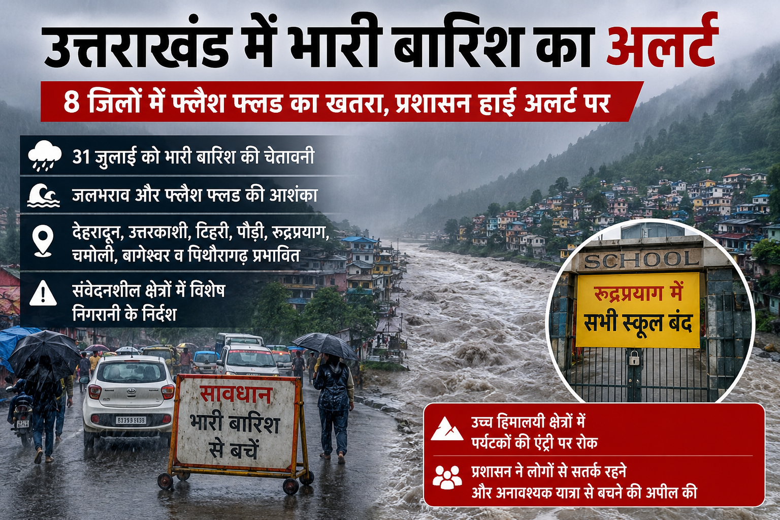 उत्तराखंड में भारी बारिश की चेतावनी: 8 जिलों में फ्लैश फ्लड का खतरा, रुद्रप्रयाग में स्कूल बंद